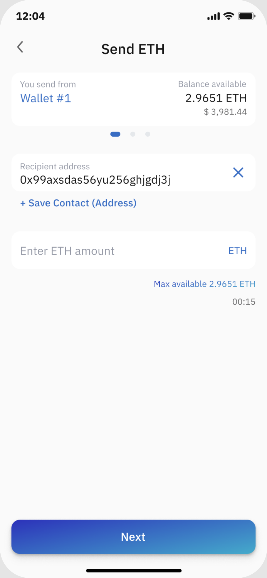 Экран отправки IronWallet с сохранённым контактом